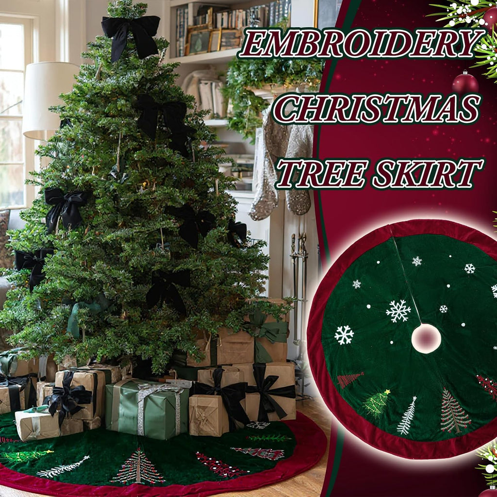 72 Inch Green Velvet Christmas Tree Skirt with Burgundy Trim