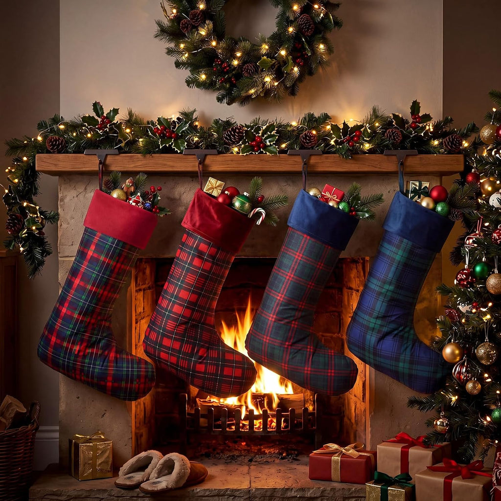 Classic Christmas Stockings Tartan Plaid Velvet Cuff 22" - Set of 4