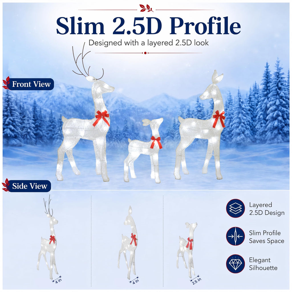 34IN 3-Piece 2.5D Lighted Christmas Deer Family Outdoor Decorations, White Pre-Lit Reindeer Set with 45 Lights
