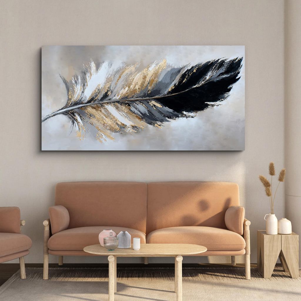 Black Gold Abstract Wall Art Minimalist Feather Canvas 20"X40"