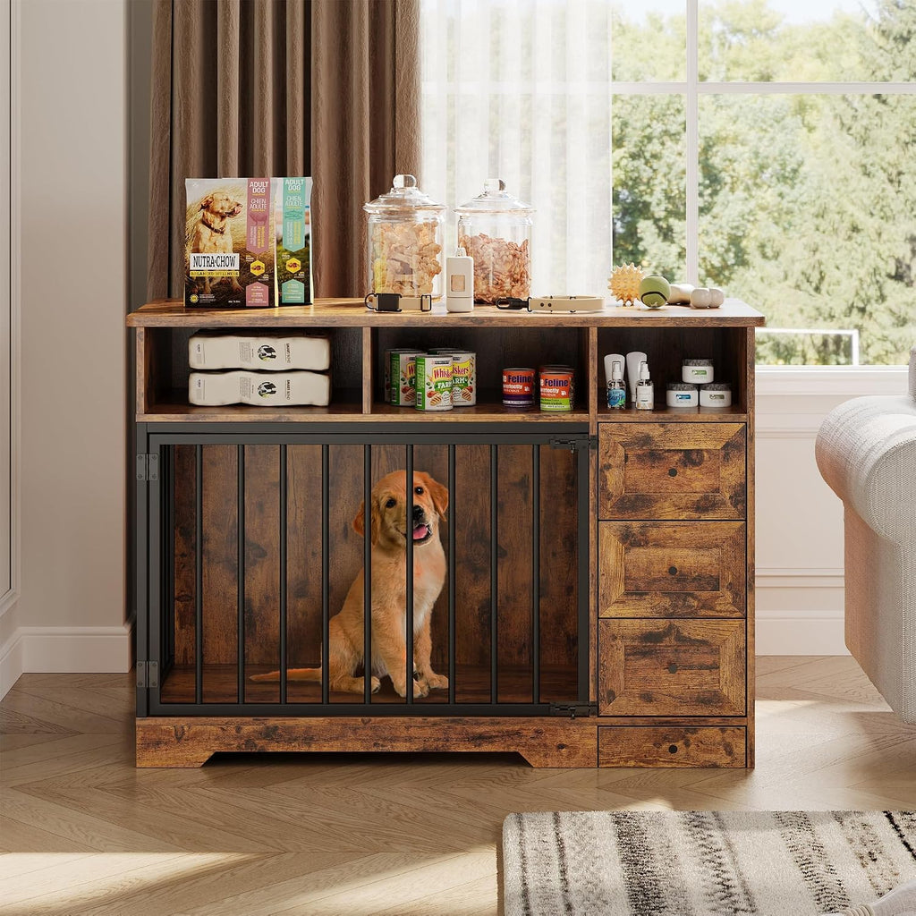 Dog Crate Furniture with Bowl, Medium Dog Cage, Retro Brown