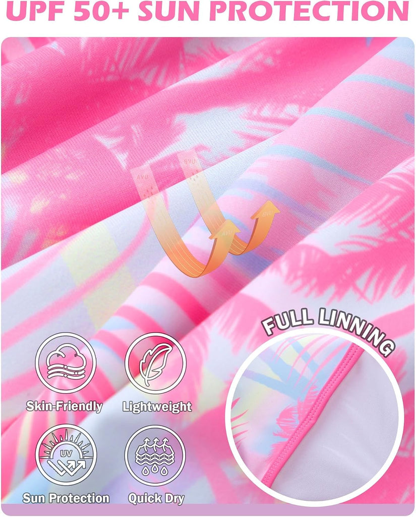 Girls Rash Guard Swimsuit 2 Piece Long Sleeve One Piece Bathing Suits with Swim Shorts Kids UPF 50+ Swimwear Sets