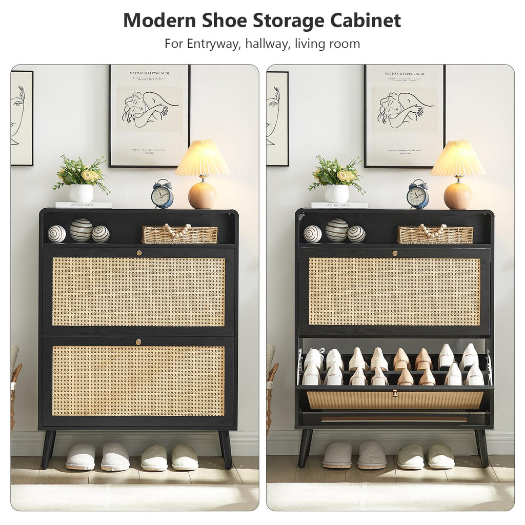 Rattan Shoe Storage Cabinet Set of 2 with 2 Flip Doors, Wood Narrow Shoes Cabinet with Adjustable Shelves