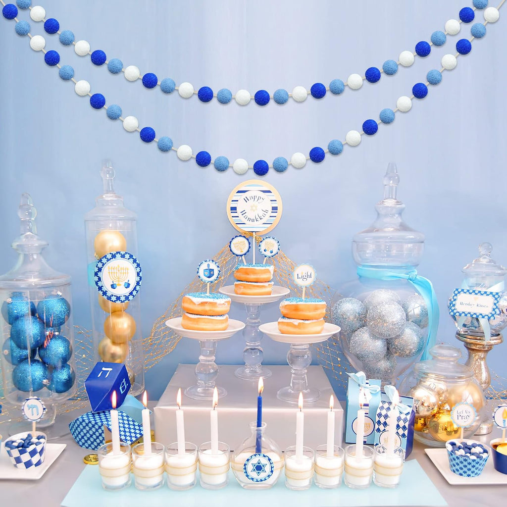 Balls Hanukkah Felt Ball Garlands - Hanukkah Decorations- Chanukah Blue Dark Blue White Pom Pom Garlands Tree - Set of 60