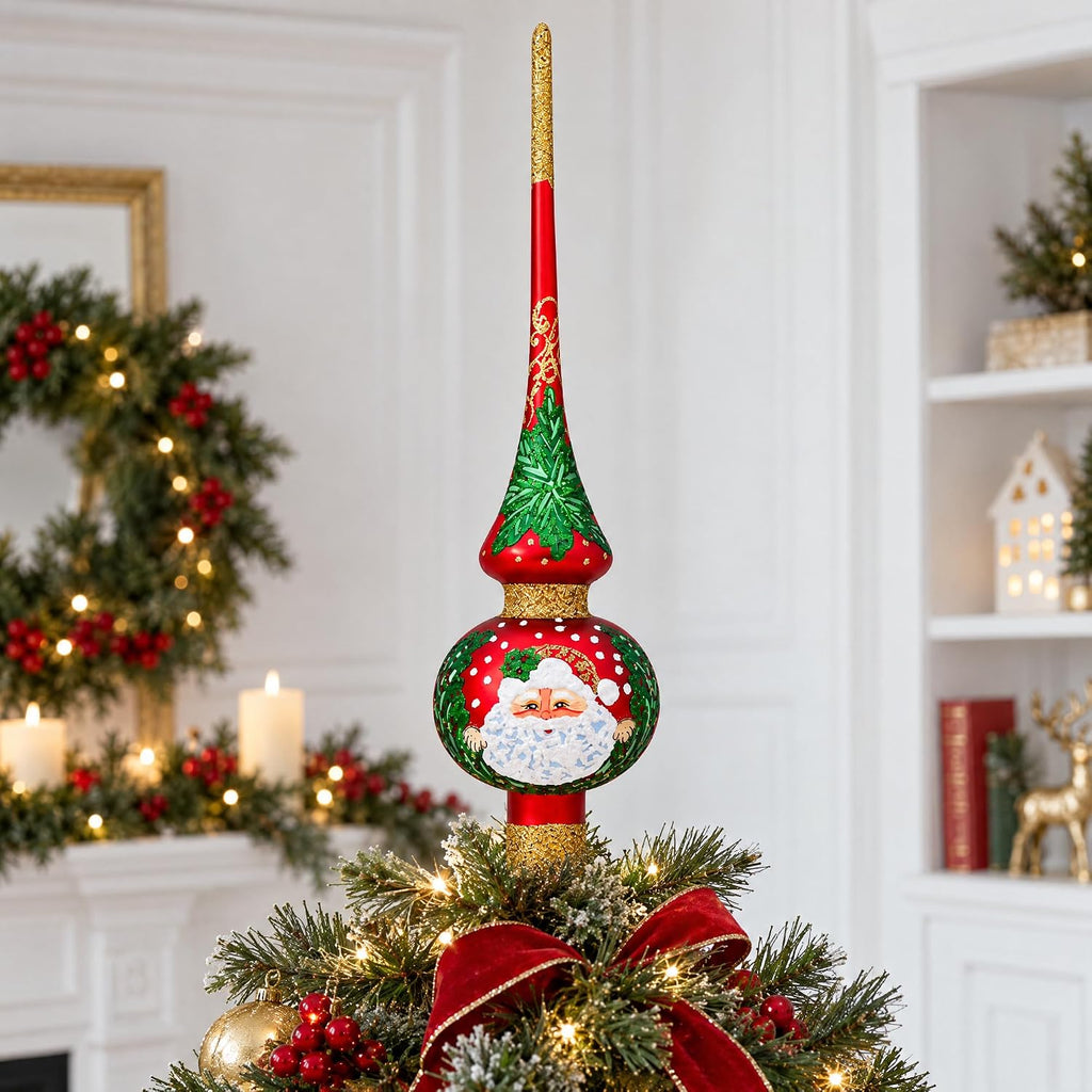 Santa and Mistletoe on Red Mouth Blown Glass Tree Topper 11 Inches