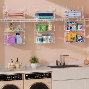 3-Tier Hanging Laundry Basket Organizer:Foldable Wire Shelf Laundry Room Organizer with 360°Rotating Hooks Small
