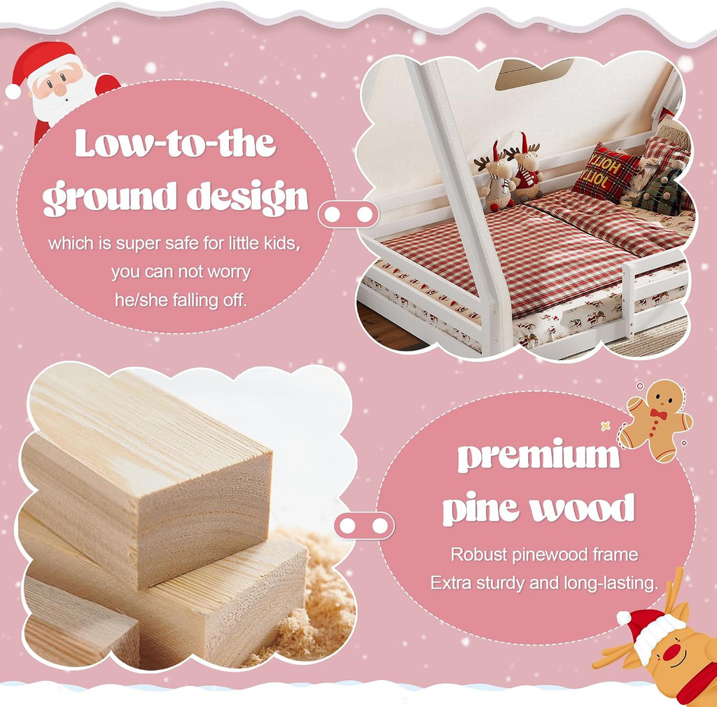 Full Size House Floor Bed with Canopy Tent and LED Lights, Wood Teepee Montessori Floor Beds Frame with Guardrails