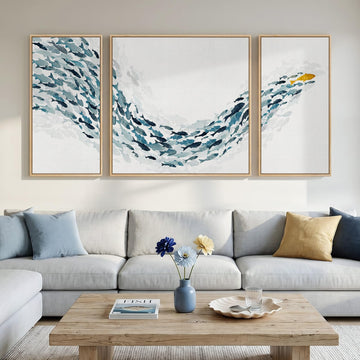 Extra Large 3 Piece Framed Blue White Coastal Fish Wall Art