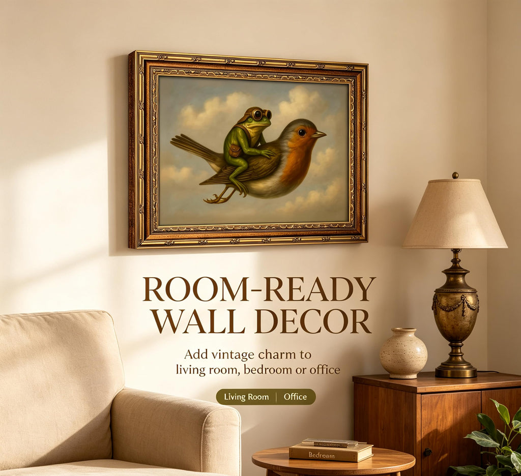 Vintage Gold Framed Whimsical Frog Robin Wall Art, Frog Riding Bird Oil Painting Canvas Print, Whimsical Animal