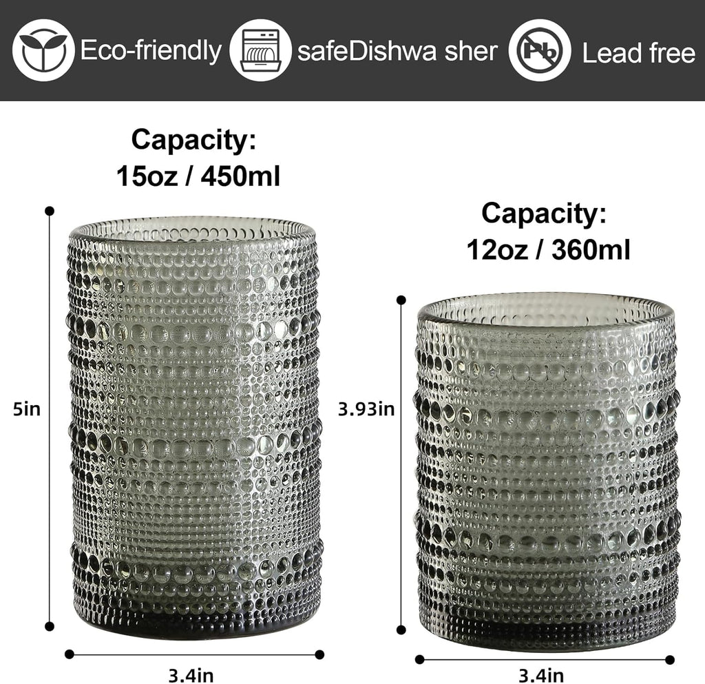 Vintage Hobnail Drinking Glasses Set of 8, Grey 12 oz & 15oz Highball Glass Cups, Kitchen Drinkware
