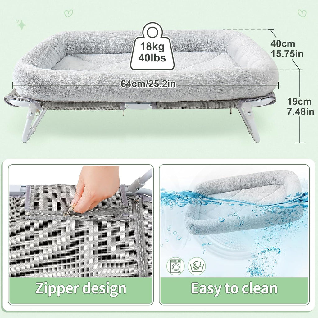 Elevated Cat Bed Foldable Raised Pet Hammock Self-Supporting Puppy Lounger with Off Floor Metal Frame Washable Cover