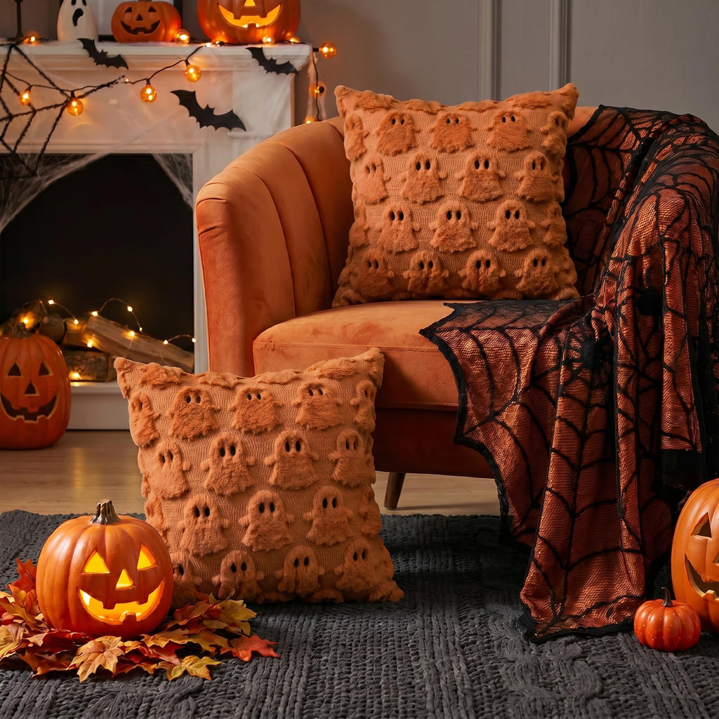 Halloween Ghost Caramel Throw Pillow Cover Set of 2, 20 x 20 Inch Soft Plush Faux Fur Jacquard Spooky Cushion Case