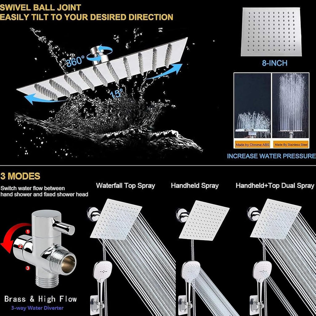 Shower Head with Hose, High Pressure Stainless Steel Rain Shower and 3 Settings Handheld Spray Combo with Push Button