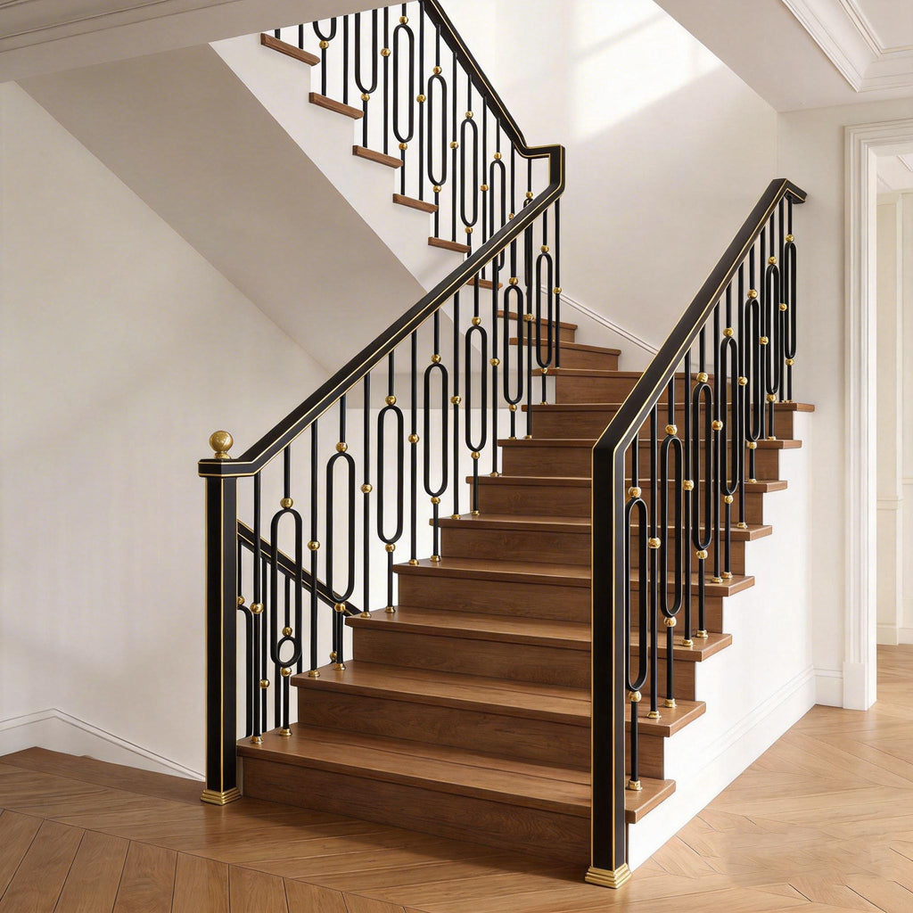 Round 5/8" * 44" Wrought Iron Balusters for Indoor Stair Railing (5 Pcs Oval Design with Brass Ball + 5 Pcs Plain