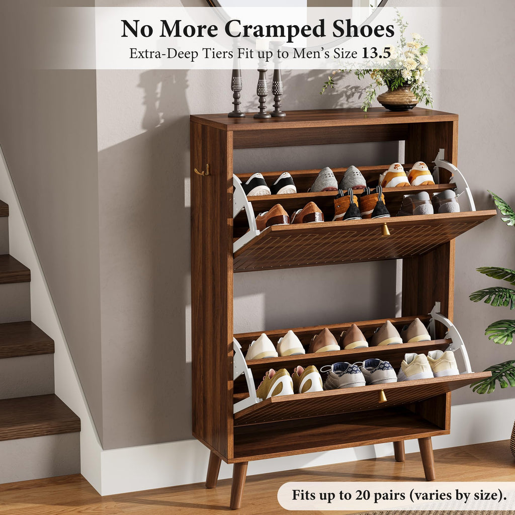Shoe Storage Cabinet, 9.5inch Slim Shoe Rack with 2 Flip Drawers, Mid-Century Modern Walnut Shoe Cabinet Storage
