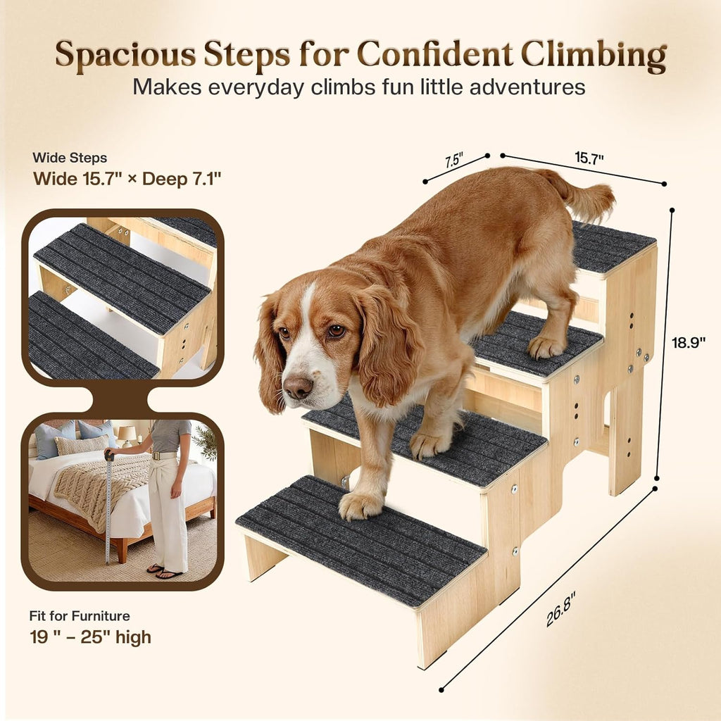 4-Step Wooden Dog Steps for Bed, Anti-Slip Dog Stairs with Carpet Pads, 23.6 Inches Pet Ramp for Dogs to Get on Bed