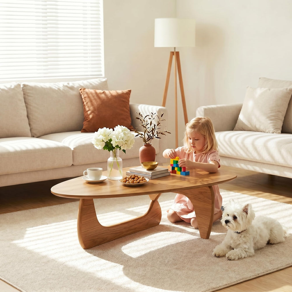 39" Coffee Table Mid Century Modern Center Table with Solid Wood Top, Natural