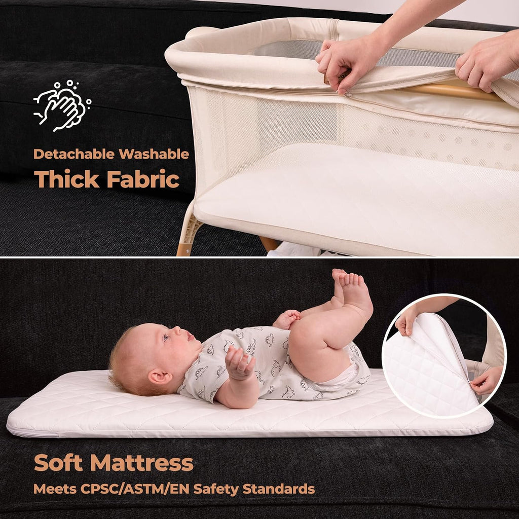 Baby Bassinet Bedside Sleeper: 3-in-1 Rocking Bassinet for Baby - Breathable Full-Mesh Crib with Mattress | 6 Height