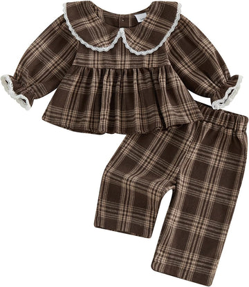 Baby Girl Peter Pan Collar Outfit Gingham Top Pants Set Fall Winter Clothes