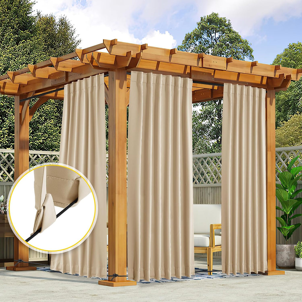 2 Panels Outdoor Curtains Waterproof Windproof W52 x L84 | Top & Bottom Fixed Weatherproof Gazebo Drapes with Free