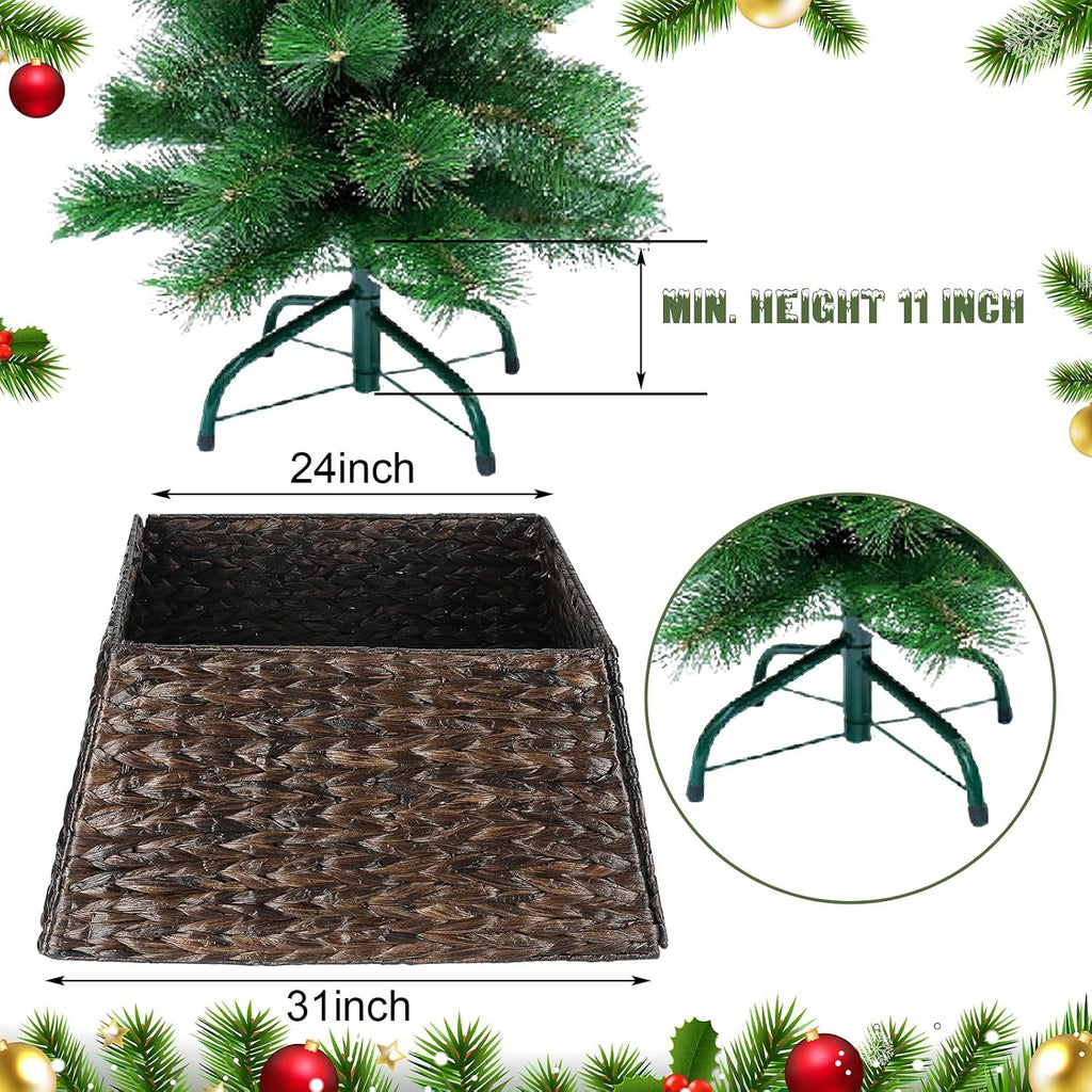 22 Inch Christmas Tree Collar Water Hyacinth Woven Farmhouse Square Base Cover Christmas Tree Basket for Xmas Holiday