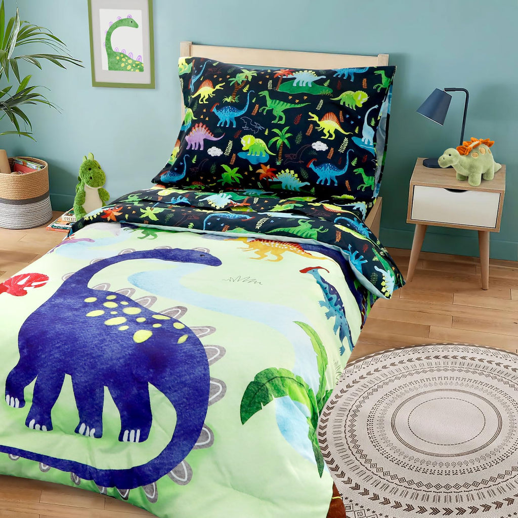 4 Piece Toddler Bedding Set, Ultra Soft and Breathable Cartoon Dinosaur Toddler Comforter Sets for Boys Includes