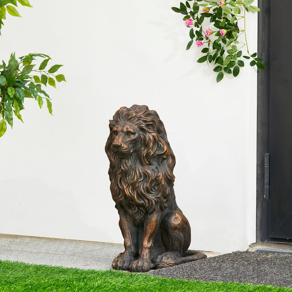 Guardian Sitting Lion Statue Regal Indoor and Outdoor Garden Sculpture Entrance Porch and Yard, 20.5in Tall, Bronze