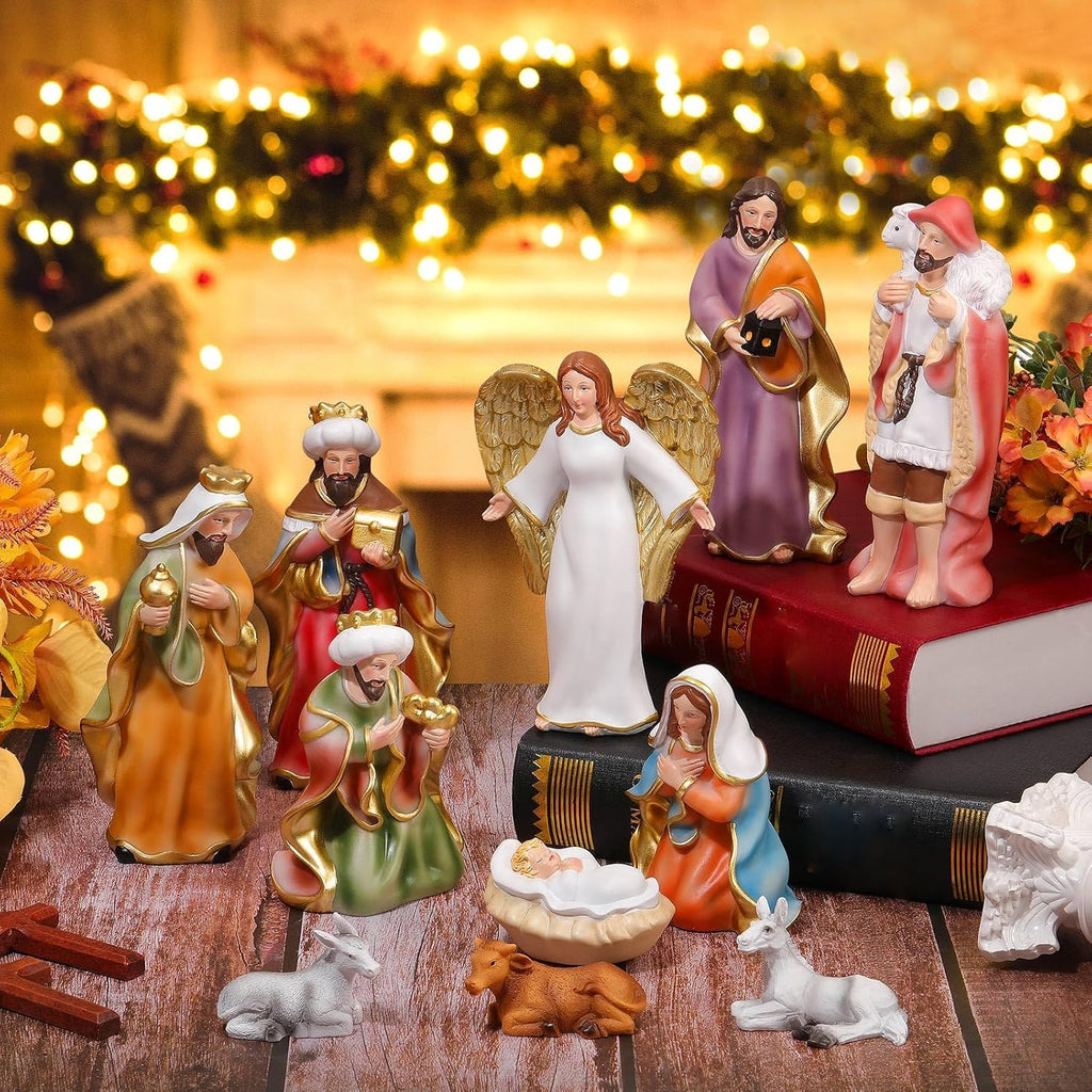 11 Pcs Christmas Nativity Gift Set Resin Nativity Scene Figurine Set 7 Holy Family Statue for Indoor Decoration Jesus