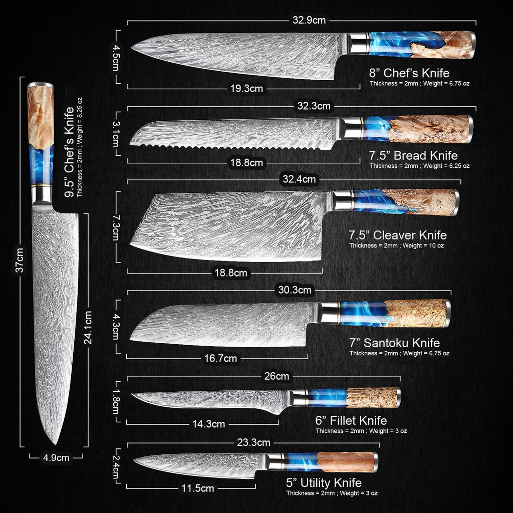 7-Piece Damascus Kitchen Knife Set - Tsunami Collection - 67-Layer Japanese VG10 Steel - Chef's Knife, Cleaver