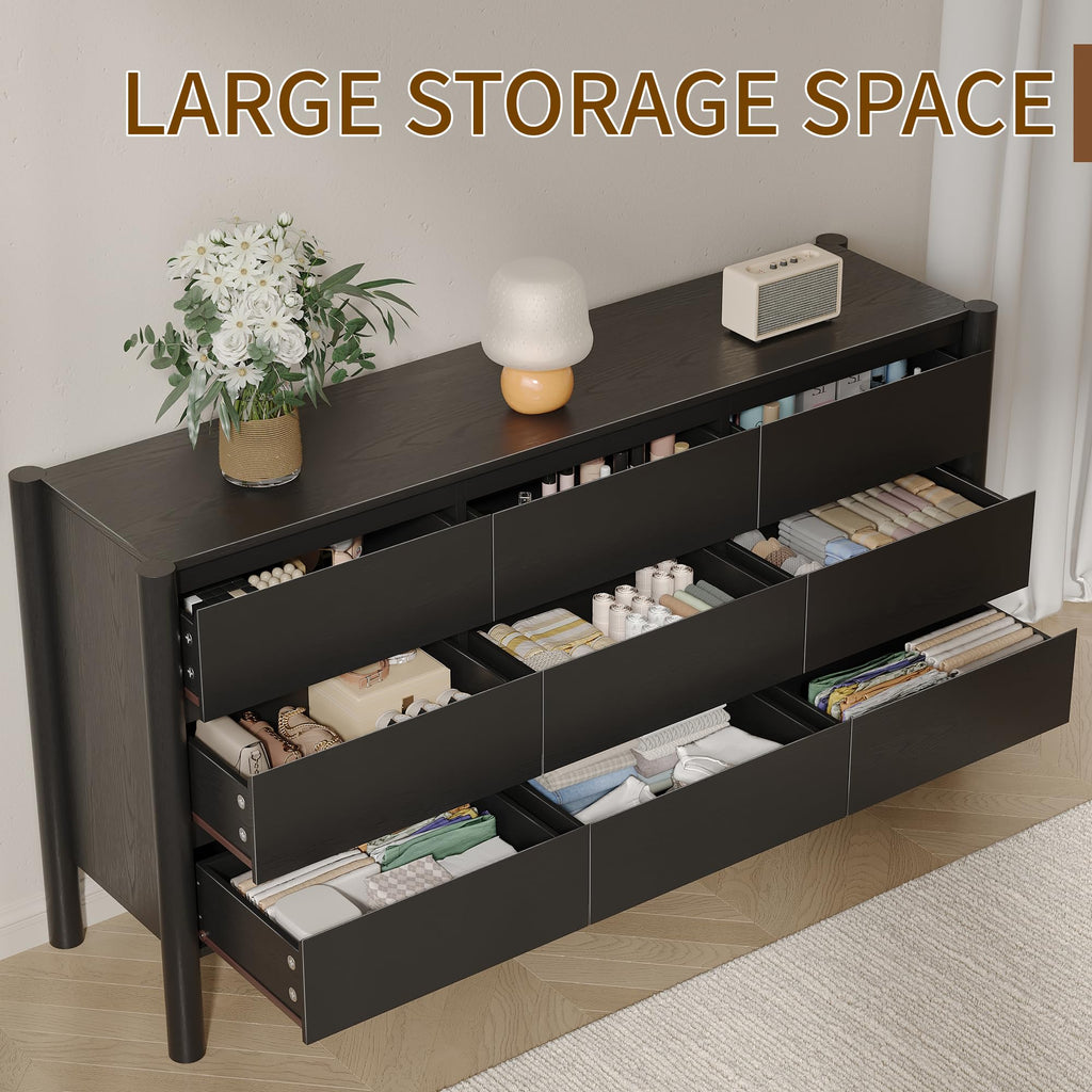 63" Wide Black 9 Drawer Dresser with Solid Wood Legs