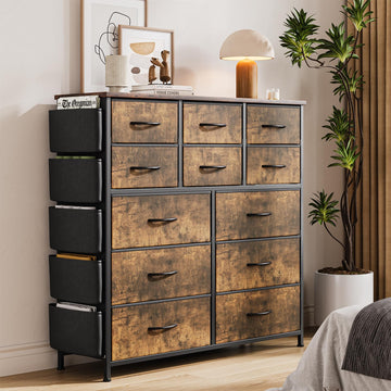 12, Chest of Drawers with Side Pockets and Hooks, Fabric Storage, Sturdy Steel Frame, Wood Top, Easy Pull Handle