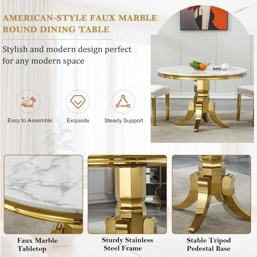 Round Marble Dining Table for 4 6, Modern 45" White Gold Kitchen Table with Faux Marble Top & Mirrored Tripod Pedestal
