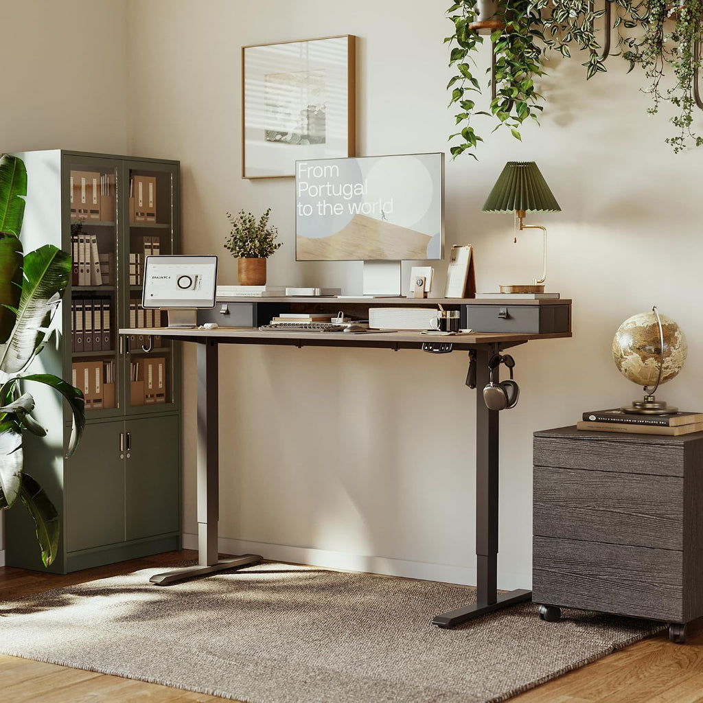 55 * 24 Inch Electric Standing Desk with Drawers, Rustic Brown | Electric Height Adjustable, 2 Storage Drawer