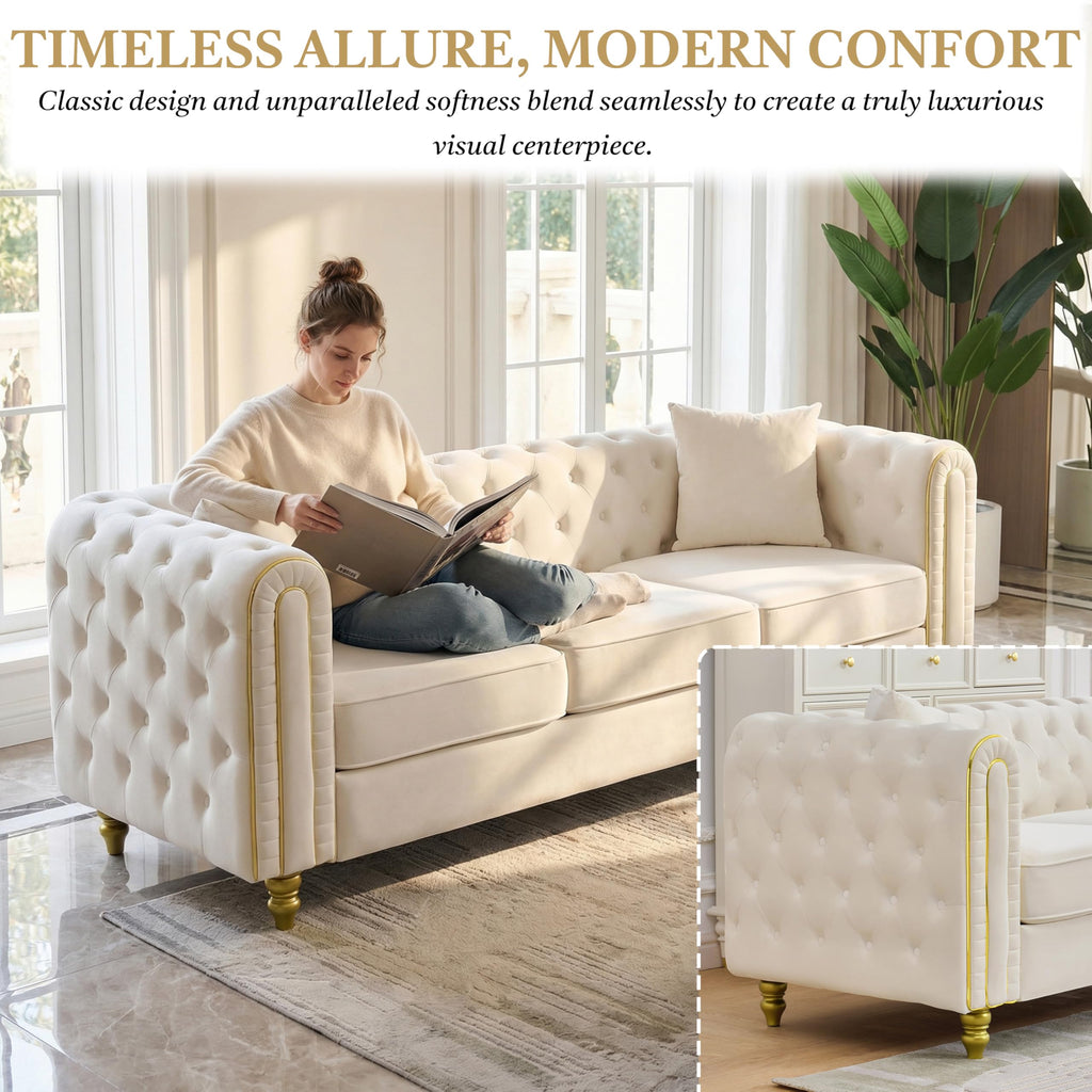 Chesterfield 86" 3-Seater White Sofa Sets, 3+2-Seater Couch Comfy Sofa, Button Tufted Rolled Arms and Gold Legs for