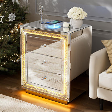 Mirrored Nightstand with LED Light & Wireless Charging, 3 Drawers