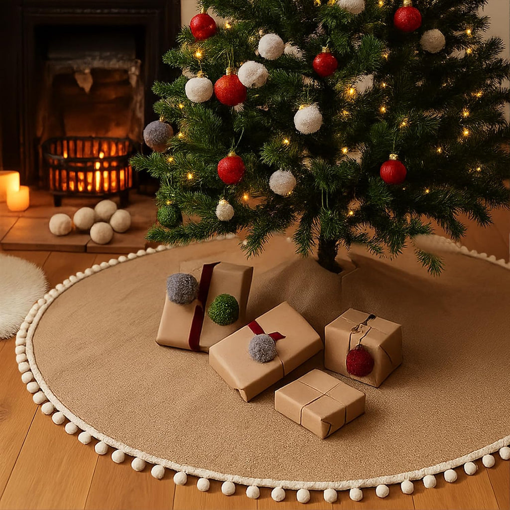 60 Inch Christmas Tree Skirt Fall Linen Burlap Tree Skirt, Khaki