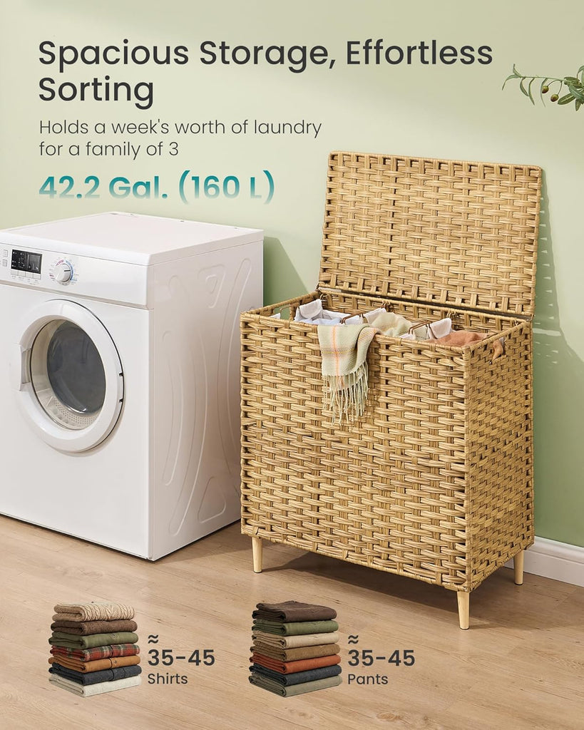 3-Section Laundry Hamper with Lid, 42.2 Gal (160L) PE Rattan Laundry Basket with Removable Washable Liners, Goose