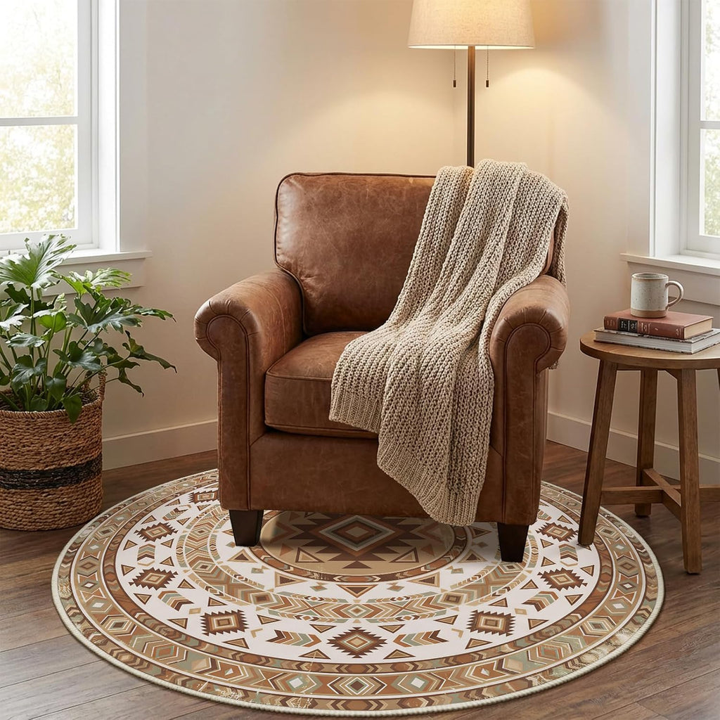 3ft Round Southwestern Rug, Geometric Tribal Pattern, Non-Slip Mat