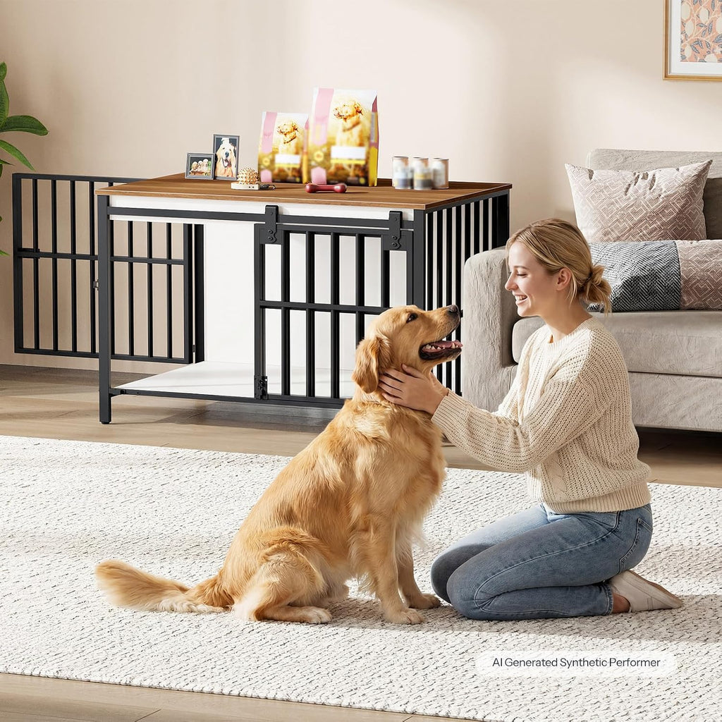 Dog Crate Furniture with Sliding Barn Door, Dog Kennel Indoor for Medium/Large Dogs, Heavy Duty Dog Cage with 2