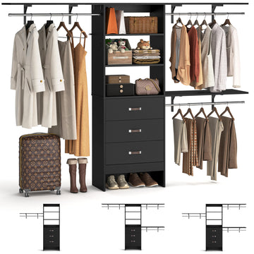 8FT Closet System, 96'' Closet Organizer System with 3 Hanging Rods, Wall Mount Bedroom Wardrobe with 3 Drawers