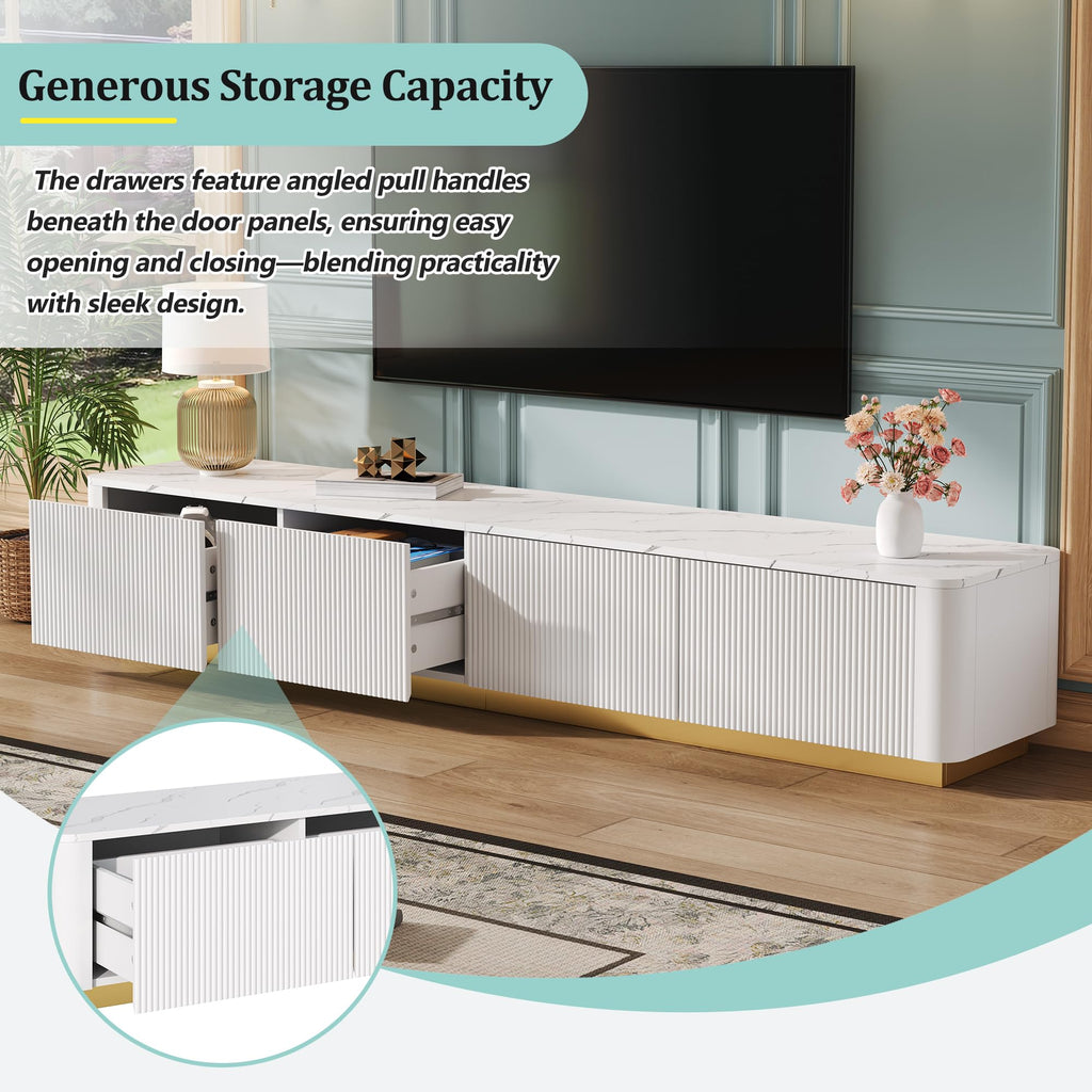 Fluted TV Stand with Gold Base and 4 Drawers, White