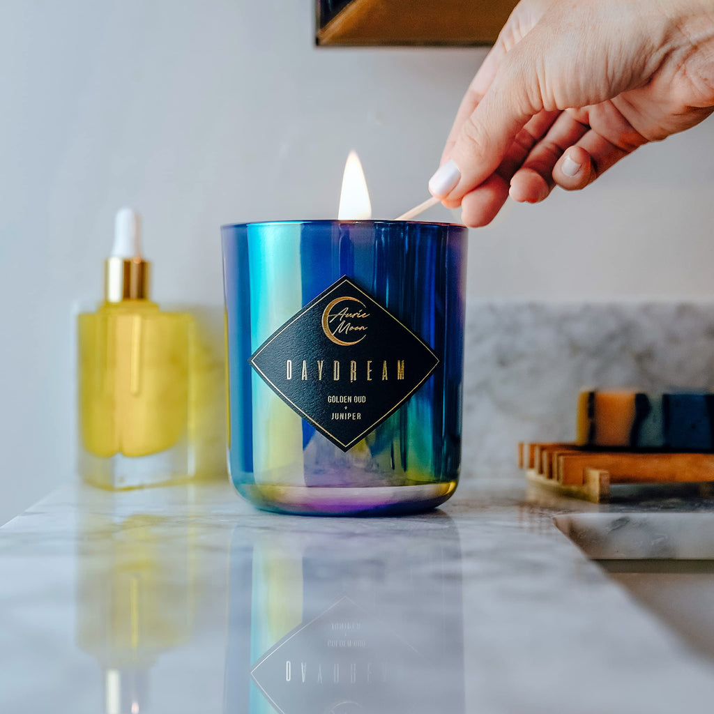 Golden Oud + Juniper Scented Luxury Soy Coconut Candle for Women | Slow 70+ Hour Burn | Wood Crackling Wicks | 12 Oz