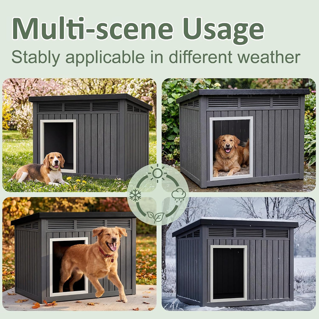 Large Dog House, Weatherproof Resin Large Dog House Outdoor with Sloped Roof & Ventilation, Indoor Outdoor Dog House