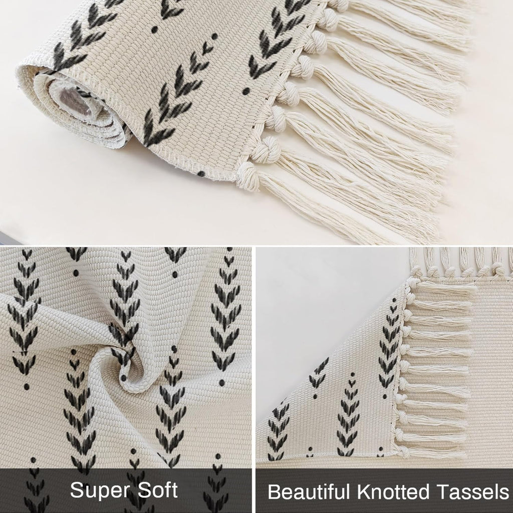 Modern Scandi Botanical Leaves Kitchen Runner Rug Boho Tassel Rugs Floor Carpet, Minimalist Black Leaf on White