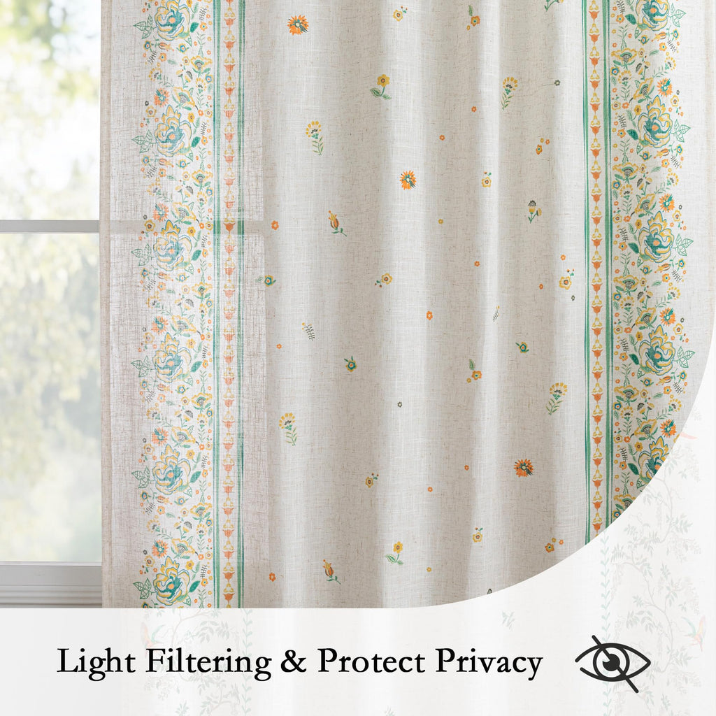 Boho Floral Curtains 72 inch Semi Sheer Linen Look Bohemian Style Farmhouse Printed Curtains Light Filtering Privacy