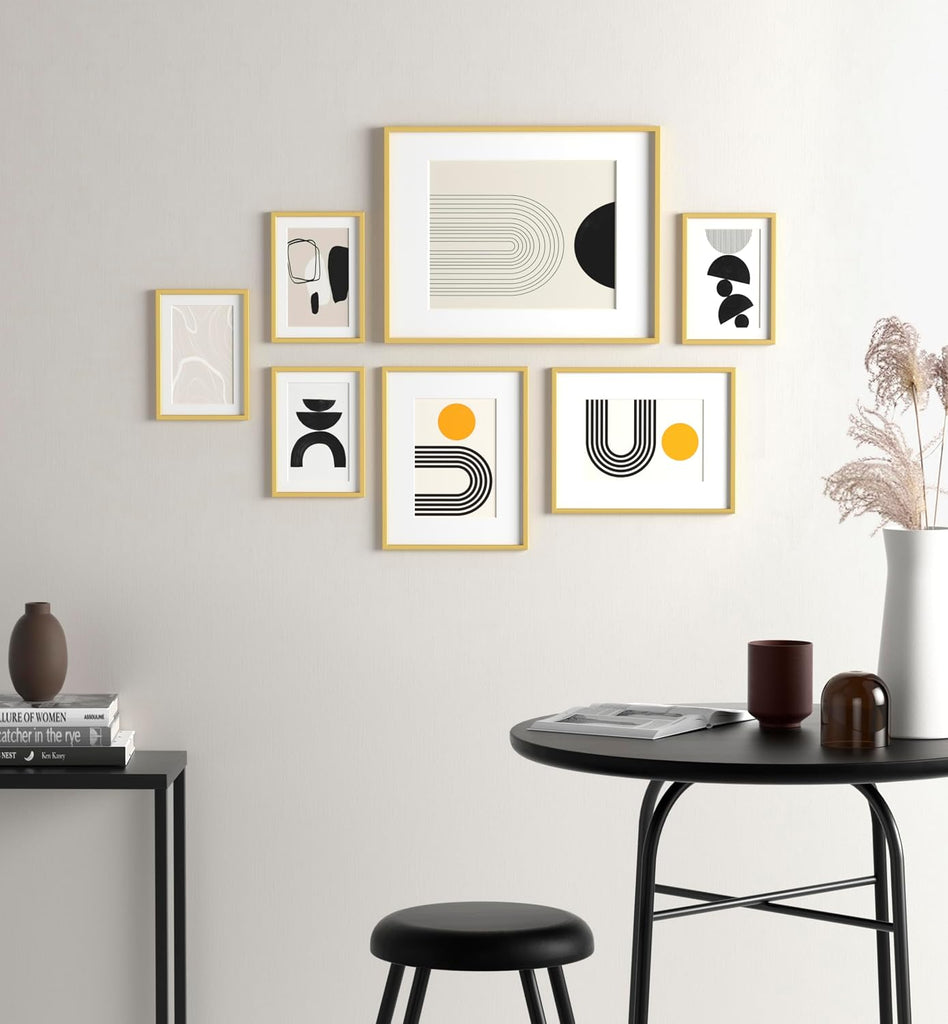Aluminum Gallery Wall Frame Set of 7 with Glass Cover, Gold | Including 1Pc 11x14, 2Pcs 8x10, 4Pcs 5x7 Photo Frames