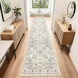 Boho Washable 2x10 Runner Rugs Beige Non Slip Low Pile Long Runner Rug, Stain Resistant Soft Faux Wo