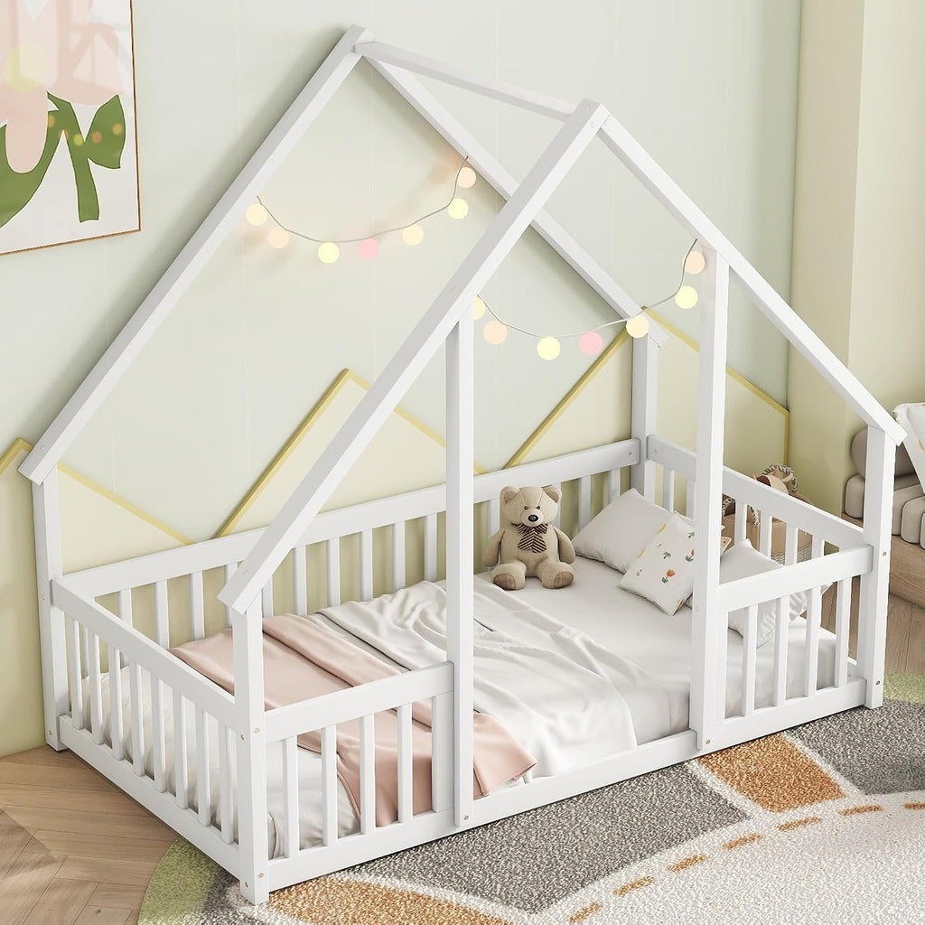 Twin Floor Bed for Kids, Girls, Boys, Wood House Bed Frame, House Floor Bed for Kids, Twin Size Montessori Floor Bed