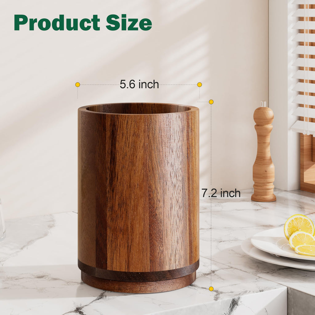 Utensil Holder, Acacia Wood Kitchen Utensil Holder for Countertop, 360°Rotating Cooking Utensil Crock Counter, 7.2"