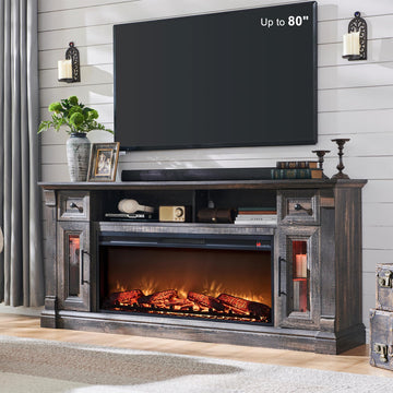 70" Farmhouse Fireplace TV Stand for TVs Up to 80", Dark Rustic Oak